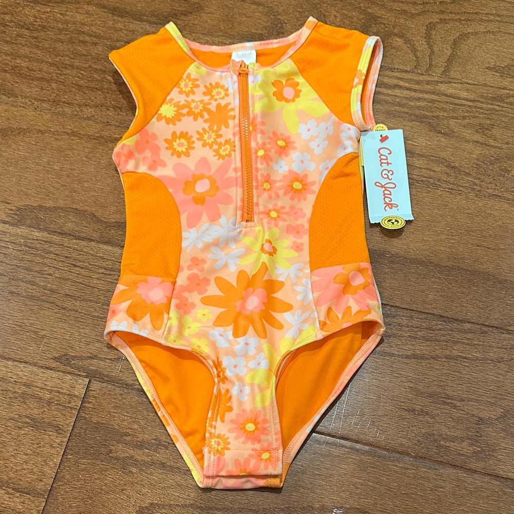 ***SOLD***Cat & Jack Orange Floral Zip-Front One-Piece Swimsuit for Kids